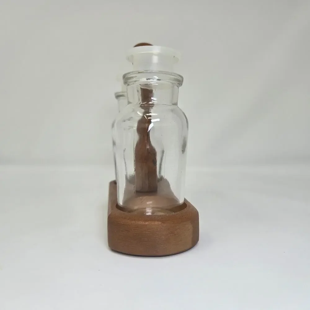 US Plywood Corp Clear Glass Salt and Pepper Shakers Wood Stand Cruet Set Unused